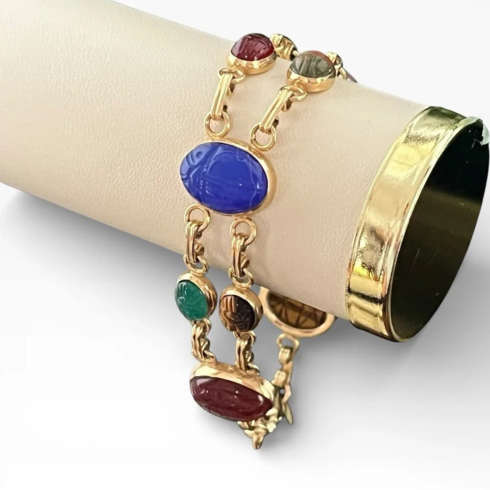 Vintage Carla 14k Yellow Gold Two Strands Multi Gemstone 10 Scarab Bracelet 7